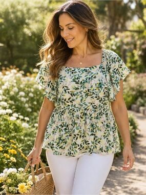 Women’s Floral Peplum Blouse 1XL Square Neck Flutter Sleeve Cottagecore Top